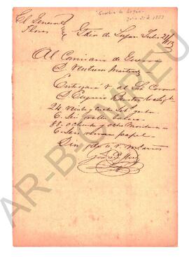 [Carta del Gral. José María Flores  al Comisario de Guerra Ventura Martínez] 1853