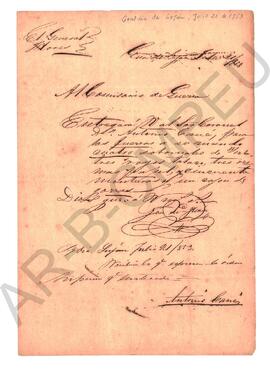 [Carta del Gral. José María Flores al Comisario de Guerra Ventura Martínez] 1853
